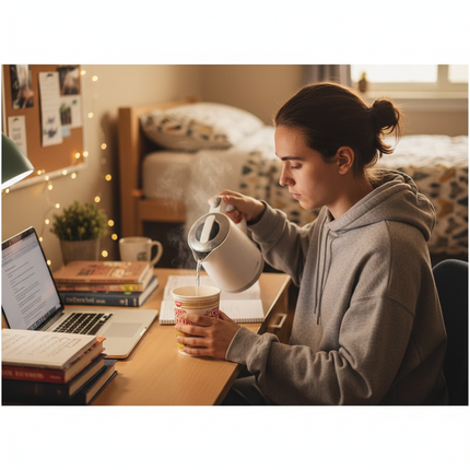 College student preparing Nissin Cup Noodles in dorm