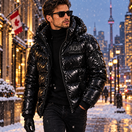 Manteau DIBELLAY noir porté dans une rue canadienne enneigée au crépuscule
