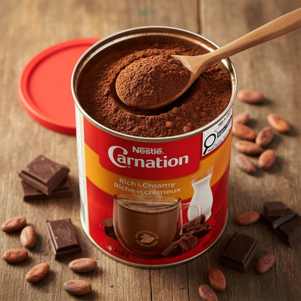 Carnation tin open with cocoa powder and wooden spoon