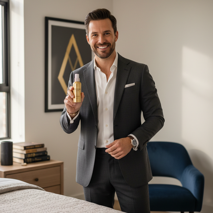 Homme confiant avec le produit