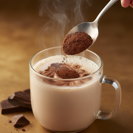 Spoon mixing Carnation hot chocolate powder into mug