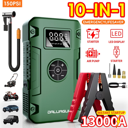 DALUAGUI 10-in-1 Jump Starter & Air Inflator 13000A 150PSI – Green version Emergency Lifesaver