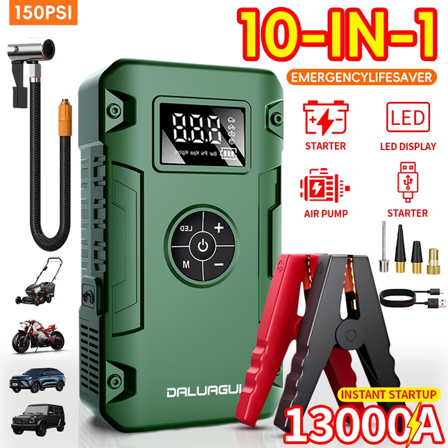 DALUAGUI 10-in-1 Jump Starter & Air Inflator 13000A 150PSI – Green version Emergency Lifesaver