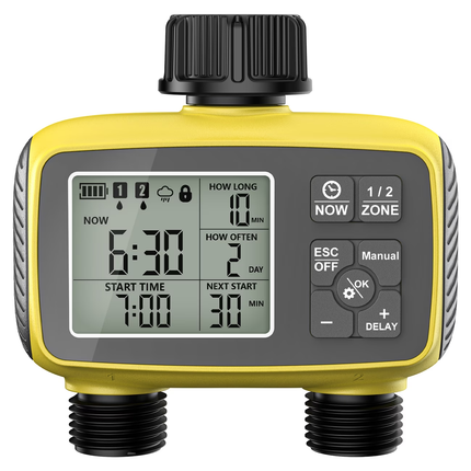 Minuteur d'arrosage automatique 2 zones avec écran LCD jaune et noir