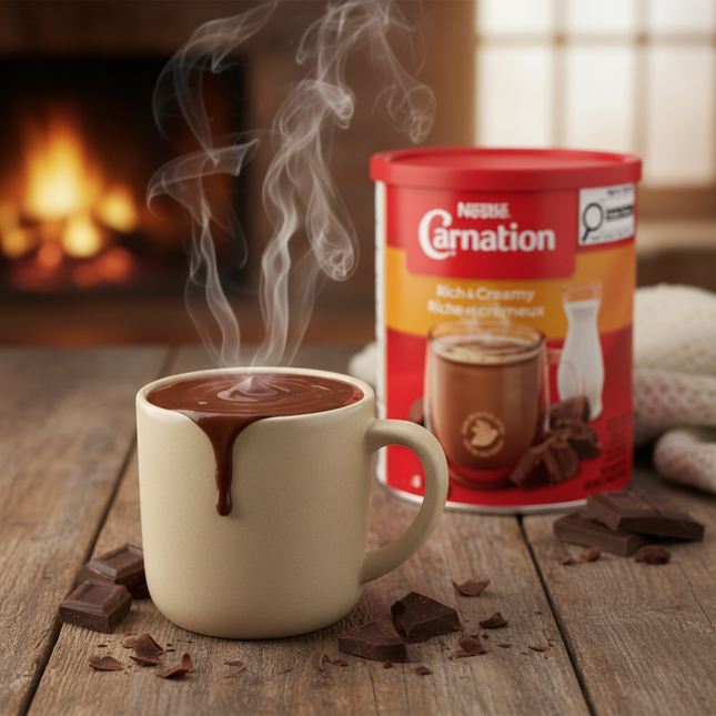 Steaming mug of Carnation hot chocolate
