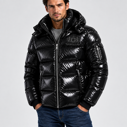 Manteau duvet noir DIBELLAY porté par un modèle, fond studio