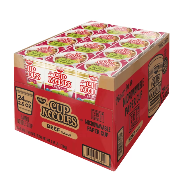 Nissin Cup Noodles Beef Flavor 24-Pack bulk box, 2.5 oz cups