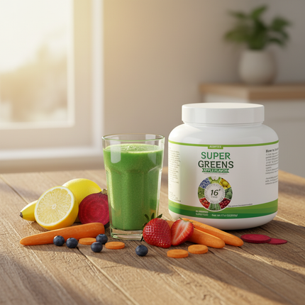 Super Greens with smoothie glass, lemon, berries and beetroot
