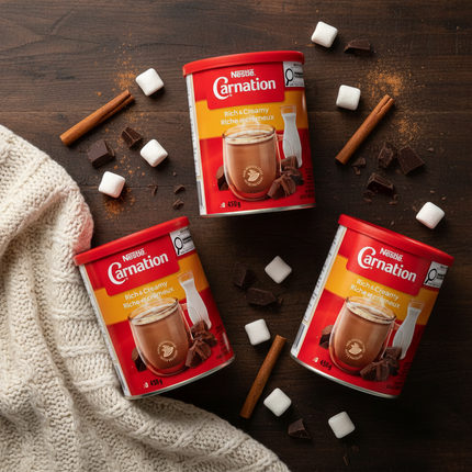 Carnation 3-pack flat lay with marshmallows and chocolate