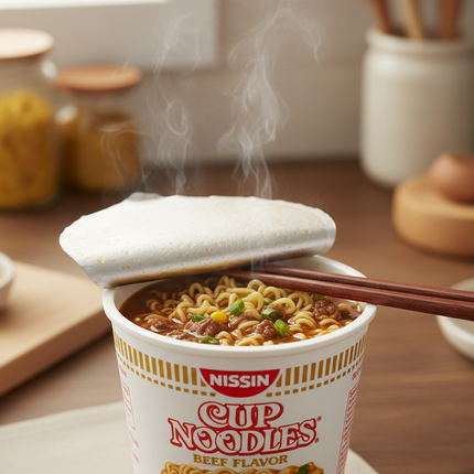 Nissin Cup Noodles opened with steaming ramen and chopsticks