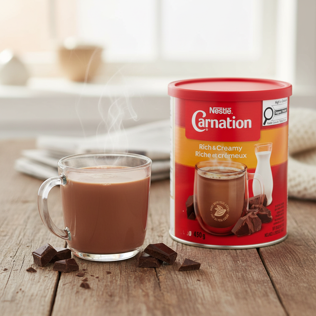 Steaming mug of Carnation hot chocolate morning scene