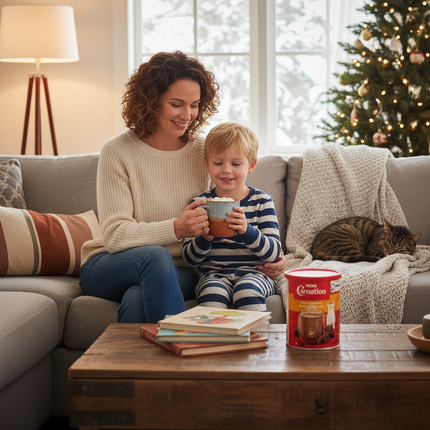 Family enjoying hot chocolate on couch