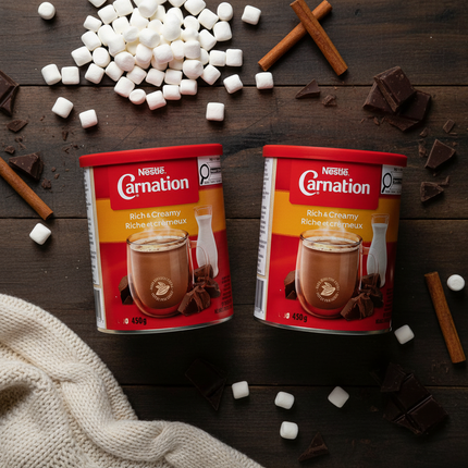 Carnation 2-pack flat lay with marshmallows and chocolate