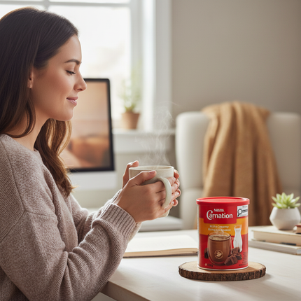 Person enjoying Carnation hot chocolate at home office