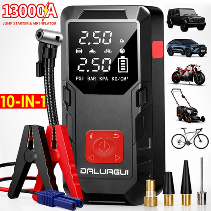DALUAGUI 10-in-1 Jump Starter & Air Inflator 13000A – Black version with jumper cables and adapters