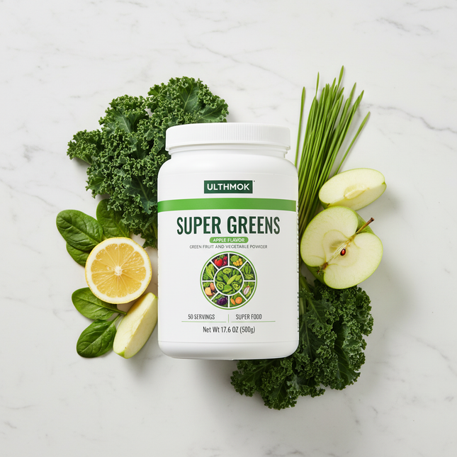 Super Greens tub on marble with fresh greens