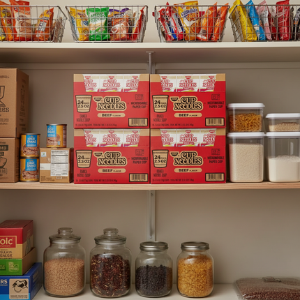 Nissin Cup Noodles boxes stacked on pantry shelf