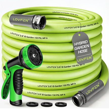 LOVFEN Hybrid Garden Hose 5/8" 150 PSI with 10-Pattern Spray Nozzle and metal fittings