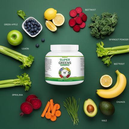 Super Greens flat lay with 16+ ingredients