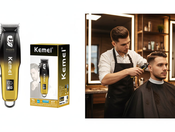 Kemei KM-709A - Produit et barbier en action