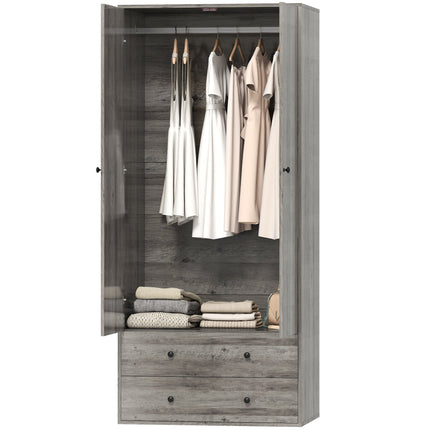 Briar Wardrobe Closet-Armoire with 2 Drawers and Hanging Rod-Grey