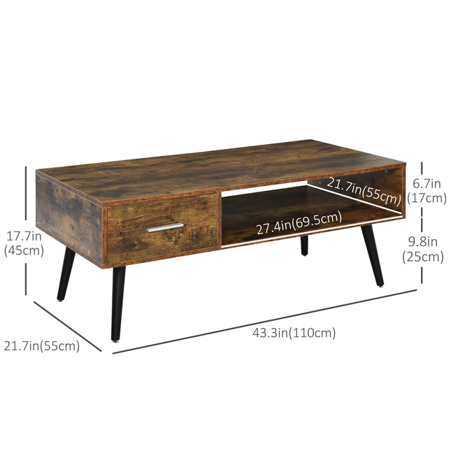 Omari Retro Coffee Table with Storage Shelf and Drawer-Rustic Brown